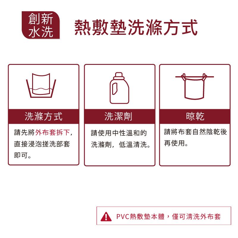 創新洗 熱敷墊洗滌方式晾乾洗滌方式洗潔劑請先將外布套拆下,直接浸泡搓洗部套即可。請使用中性溫和的洗滌劑,低溫清洗。請將布套自然陰乾後再使用。PVC熱敷墊本體,僅可清洗外布套