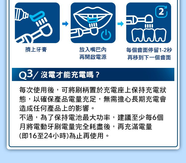 2擠上牙膏放入嘴巴內再開啟電源每個齒面停留1-2秒再移到下一個齒面Q3/ 沒電才能充電嗎?每次使用後,可將刷柄置於充電座上保持充電狀態,以確保產品電量充足,無需擔心長期充電會造成任何產品上的影響。不過,為了保持電池最大功率,建議至少每6個月將電動牙刷電量完全耗盡後,再充滿電量(即16至24小時)為止再使用。