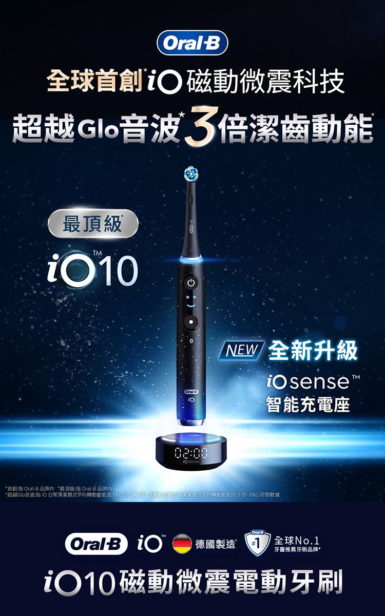 B 磁動微震科技超越音 倍潔齒動能最頂級 Oral0200NEW 全新升級sense智能充電座TM首創:  品牌內最頂級: Oral-B 品牌內*超越音波指 日模式平均轉動動能P&G Glo 波常清潔模式平均動動能的3倍P&G 研發數據- OralBOral B iO德國製造全球No.1牙醫推薦牙刷品牌*10磁動微震電動牙刷