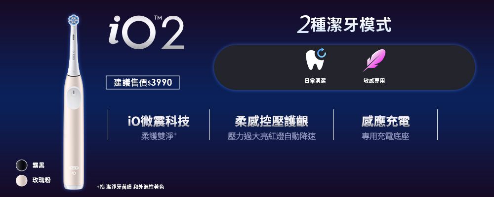 霧黑玫瑰粉建議售價$39902種潔牙模式日常清潔微震科技柔感控壓護齦感應充電柔護雙淨壓力過大亮紅燈自動降速專用充電底座+ 潔淨牙菌 和外源性色