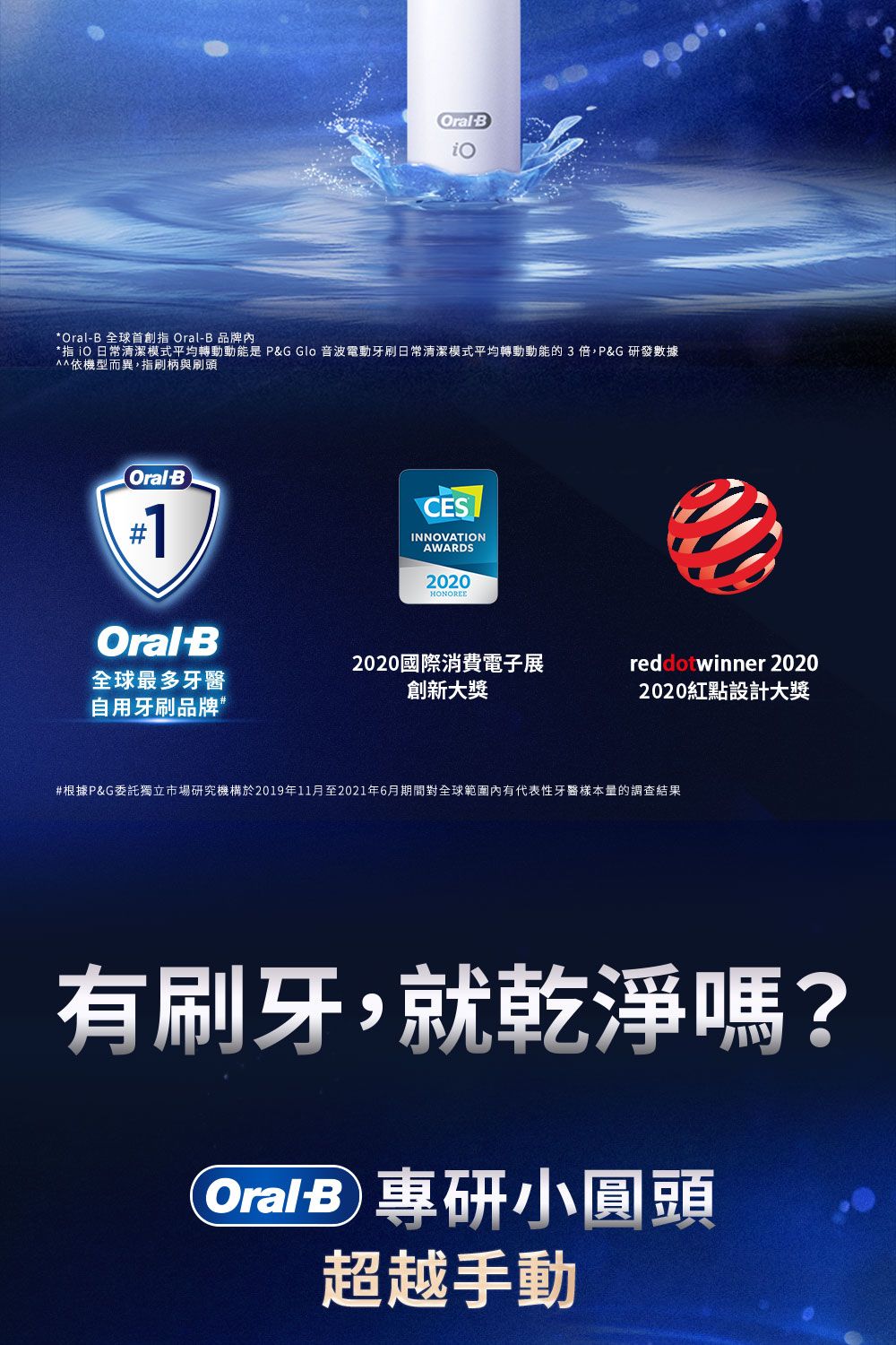 OralB*OralB 指 OralB 品牌內*指 日常清潔模式平均轉動動能是 P&G Glo 音波電動牙刷日常清潔模式平均轉動動能的3倍,P&G研發數據^^依機型而異,指刷柄與刷頭OralB1Oral-BCESINNOVATIONAWARDS2020HONOREE全球最多牙醫自用牙刷品牌2020國際消費電子展創新大獎reddotwinner 20202020紅點設計大獎#根據P&G委託獨立市場研究機構於2019年11月至2021年6月期間對全球範圍內有代表性牙醫樣本量的調查結果有刷牙,就乾淨嗎?Oral-B 專研小圓頭超越手動