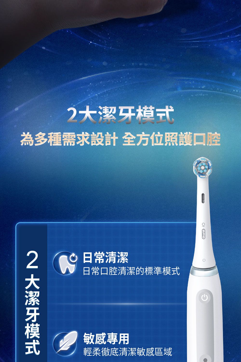 為多種需求設計 全方位照護口腔2 日常清潔日常口腔清潔的標準模式2 大潔牙模式敏感專用輕柔徹底清潔敏感區域OralB