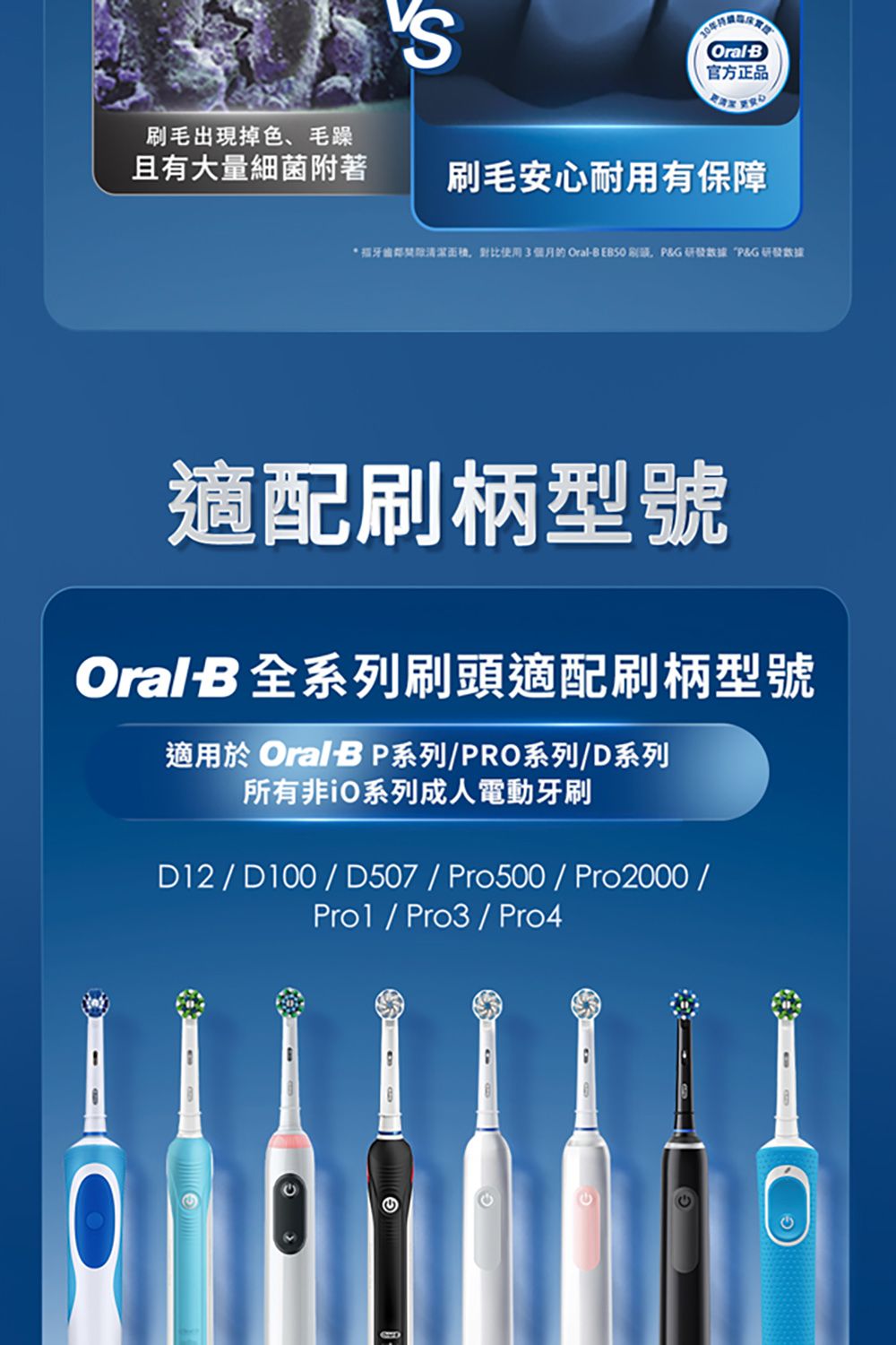 OralB官方正品毛出現掉色、毛躁且有大量細菌附著刷毛安心耐用有保障對比使用3個 Oral-B 刷 P& 研發數據 P&G 研發數據適配刷柄型號OralB全系列刷頭適配刷柄型號適用於 OralBP系列/PRO系列/D系列所有系列成人電動牙刷D12 / 100 / D507/Pro500/ Pro2000/ / Pro3 / Pro4G