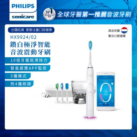 PHILIPS 飛利浦 官方直營 Sonicare DiamondClean Smart 鑽石極淨智能音波震動牙刷HX9924/02 (晶鑽白)(電動牙刷)