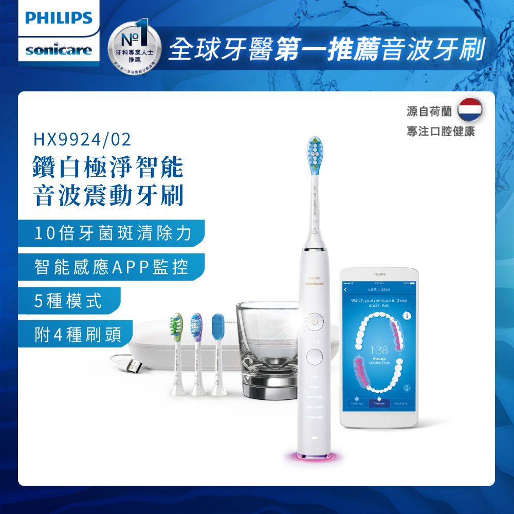 PHILIPS 飛利浦 Sonicare DiamondClean Smart 鑽石極淨智能音波震動牙刷HX9924/02 (晶鑽白)售價已折!!