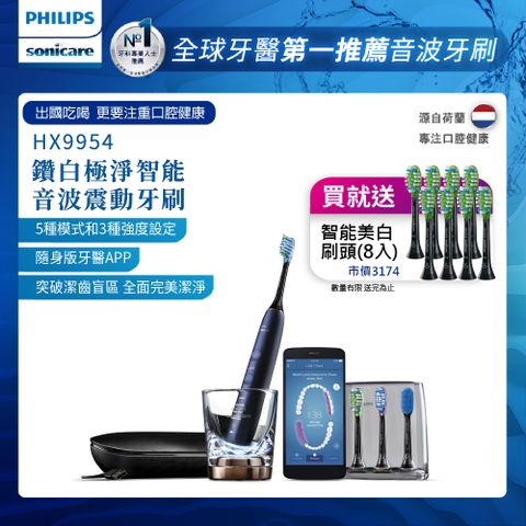 PHILIPS 飛利浦 Sonicare DiamondClean Smart 鑽石極淨智能音波震動牙刷HX9954/52 (深邃藍)售價已折!!