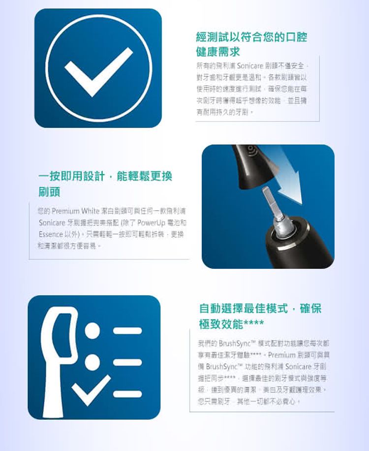 一按即用設計更換您 Premium White 白刷一款Sonicare 握把完美搭配除了Powerup 電池Essence以外)輕輕一按即輕鬆更换(和潔都很方便容易經測試以符合您的口腔健康需求所的飛利浦Sonicare 安全牙齒和更是溫和刷頭使用的速度測試確保您能時獲得超乎想像的並且擁有持久的牙刷自動選擇模式確保極致效能**我們的 BrushSync 模式配對功能讓您每次都享有潔牙 Premium 頭可備 BrushSynct 功能的飛利浦 Sonicare 牙則把同步**選擇最佳的模式與強度級,到優異的及護理效果您只需刷牙,其他一切都不必費心。