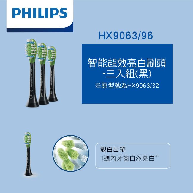 PHILIPS HX9063/96智能超效亮白刷頭-三入組(黑)※原型號為HX9063/32靚白出眾1週內牙齒自然亮白