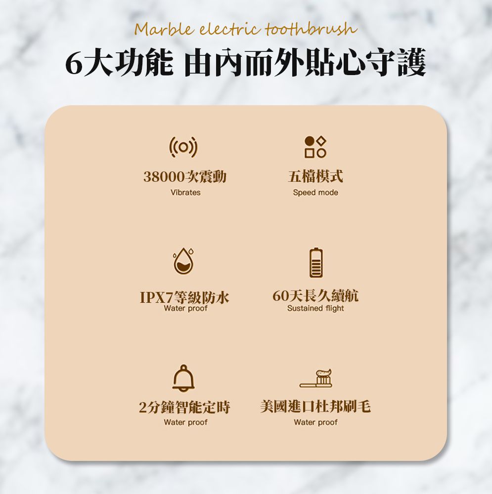 Marble electric toothbrush6大功能 由內而外貼心守護38000次震動Vibratesпо五模式Speed modeIPX7等級防水Water proof60天長久續航Sustained flight2分鐘智能定時美國進口杜邦刷毛Water proofWater proof