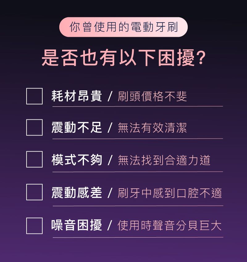 你曾使用的電動牙刷是否也有以下困擾?耗材昂貴/刷頭價格不斐震動不足 / 無法有效清潔模式不夠/無法找到合適力道震動感差/刷牙中感到口腔不適噪音困擾/使用時聲音巨大