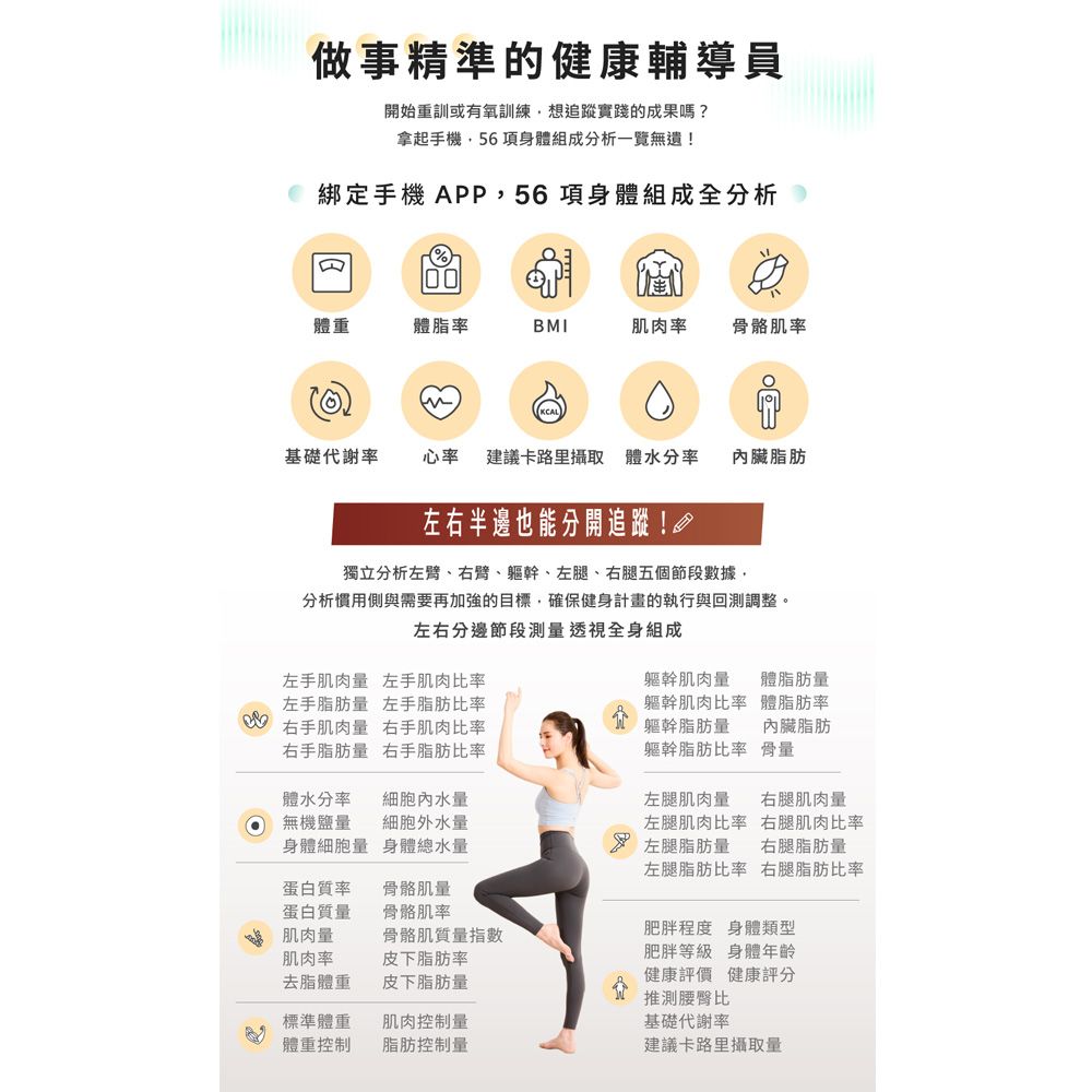 做事精準的健康輔導員開始重訓或有氧訓練想追蹤實踐的成果嗎?拿起手機56項身體組成分析一覽無遺!綁定手機 APP56項身體組成全分析00體脂率BMI肌肉率骼肌率基礎代謝率心率建議卡路里攝取 體水分率內臟脂肪左右半邊也能分開追蹤!獨立分析左臂、右臂、軀幹、左腿、右腿五個節段數據,分析慣用側與需要再加強的目標,確保健身計畫的執行與回測調整。左右分邊節段測透視全身組成左手肌肉量左手肌肉比率左手脂肪量 左手脂肪比率軀幹肌肉量右手肌肉量右手脂肪量右手肌肉比率右手脂肪比率軀幹肌肉比率軀幹脂肪量軀幹脂肪比率體脂肪量體脂肪率內臟脂肪骨量體水分率無機鹽量身體細胞量蛋白質率細胞內水量細胞外水量身體總水量左腿肌肉量左腿肌肉比率左腿脂肪量左腿脂肪比率右腿肌肉量右腿肌肉比率右腿脂肪量右腿脂肪比率蛋白質量肌肉量肌肉率去脂體重骨骼肌量骨骼肌率骨骼肌質量指數皮下脂肪率皮下脂肪量標準體重肌肉控制量體重控制脂肪控制量肥胖程度 身體類型肥胖等級 身體年齡健康評價 健康評分推測腰臀比基礎代謝率建議卡路里攝取量