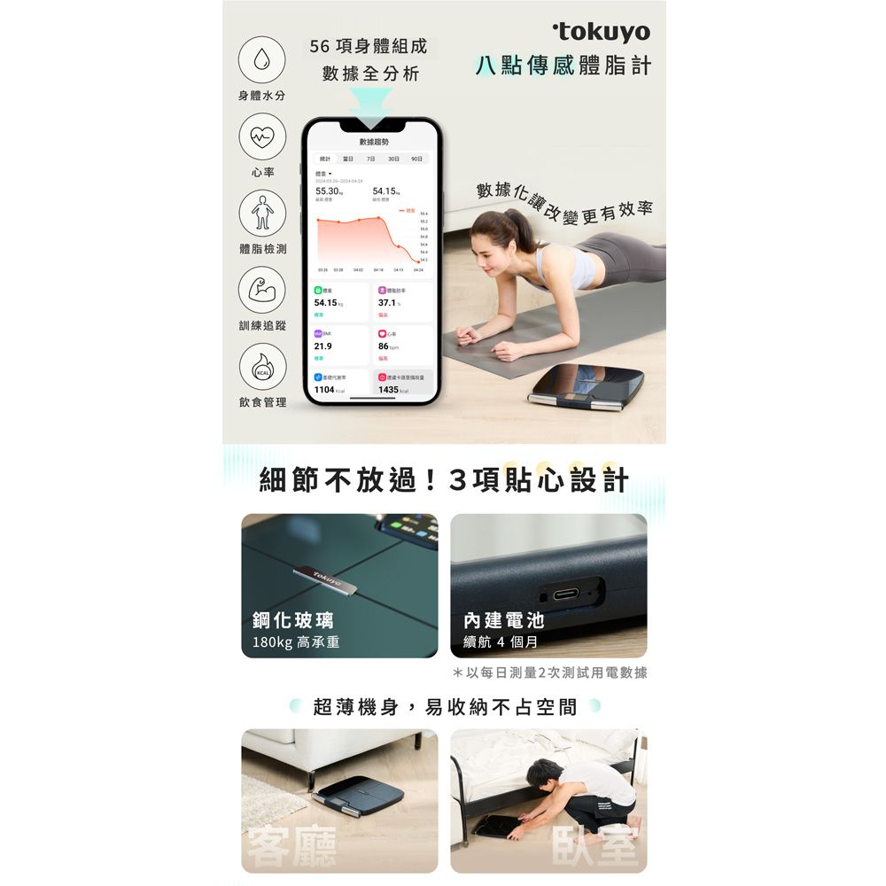 tokuyo56項身體組成數據全分析八點傳感體脂計身體水分數據趨勢統計  心率55.3054.15數據化讓改變更有效率體脂檢測54.1537.1訓練追蹤21.911041435飲食管理細節不放過!3項貼心設計鋼化玻璃180kg 高承重內建電池續航4個月*以每日測量2次測試用電數據超薄機身,易收納不占空間客廳臥室