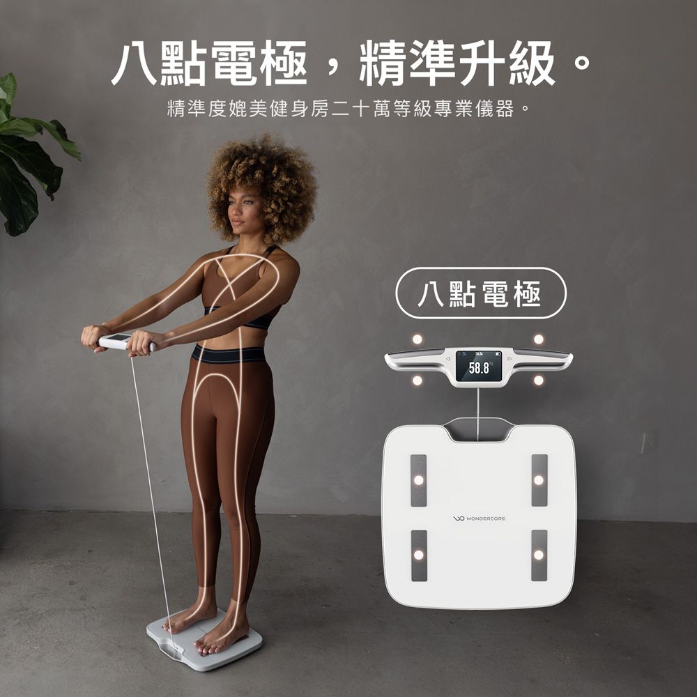 八點電極,精準升級。精準度媲美健身房二十萬等級專業儀器。八點電極58.8