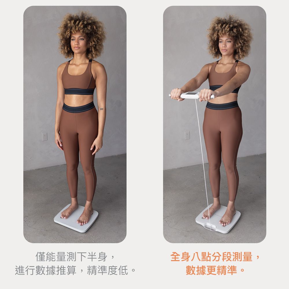 僅能量測下半身,全身八點分段測量,進行數據推算,精準度低。數據更精準。
