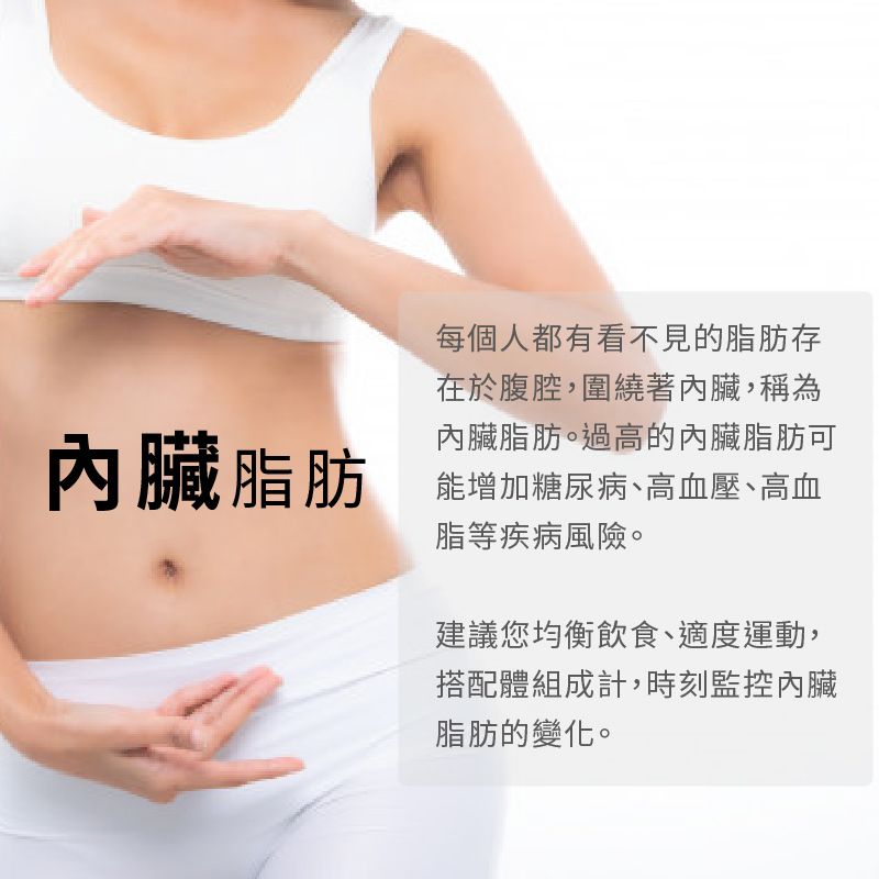 每個人都有看不見的脂肪存在於腹腔,圍繞著內臟,稱為內臟脂肪內臟脂肪。過高的內臟脂肪可能增加糖尿病、高血壓、高血脂等疾病風險。建議您均衡飲食、適度運動,搭配體組成計,時刻監控內臟脂肪的變化。