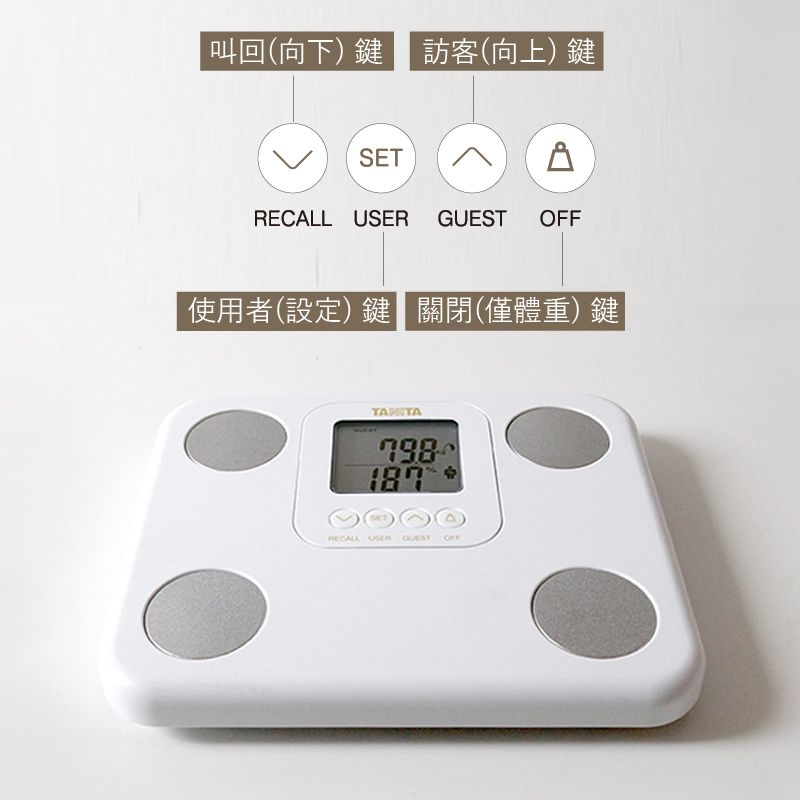 叫回(向下) 鍵 訪客(向上)鍵  GUEST 使用者(設定)鍵關閉(僅體重)鍵SETRECALL USEROFF