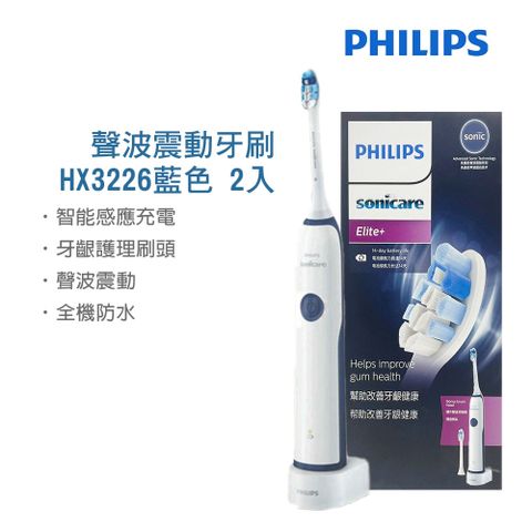 【Philips飛利浦】聲波震動牙刷 HX3226藍色 二入組