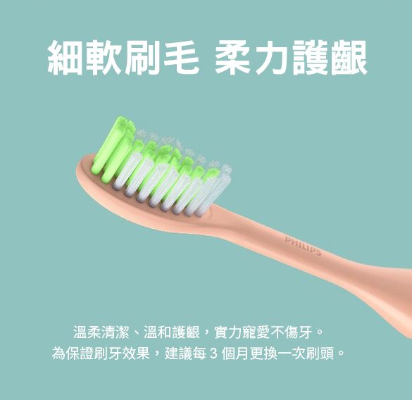 細軟刷毛柔力護齦PHILIPS溫柔清潔、溫和護齦,實力寵愛不傷牙。為保證刷牙效果,建議每3個月更換一次刷頭。
