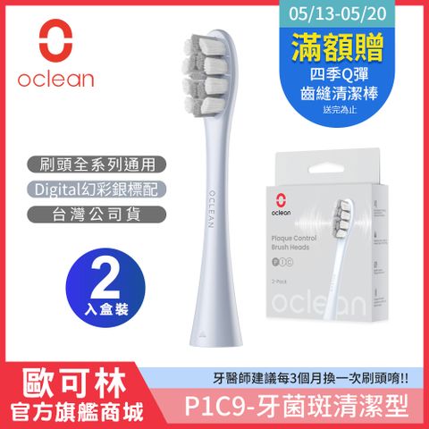 Digital標配刷頭【Oclean 歐可林】2入組盒裝 牙菌斑清潔型刷頭-P1C9(銀柄)