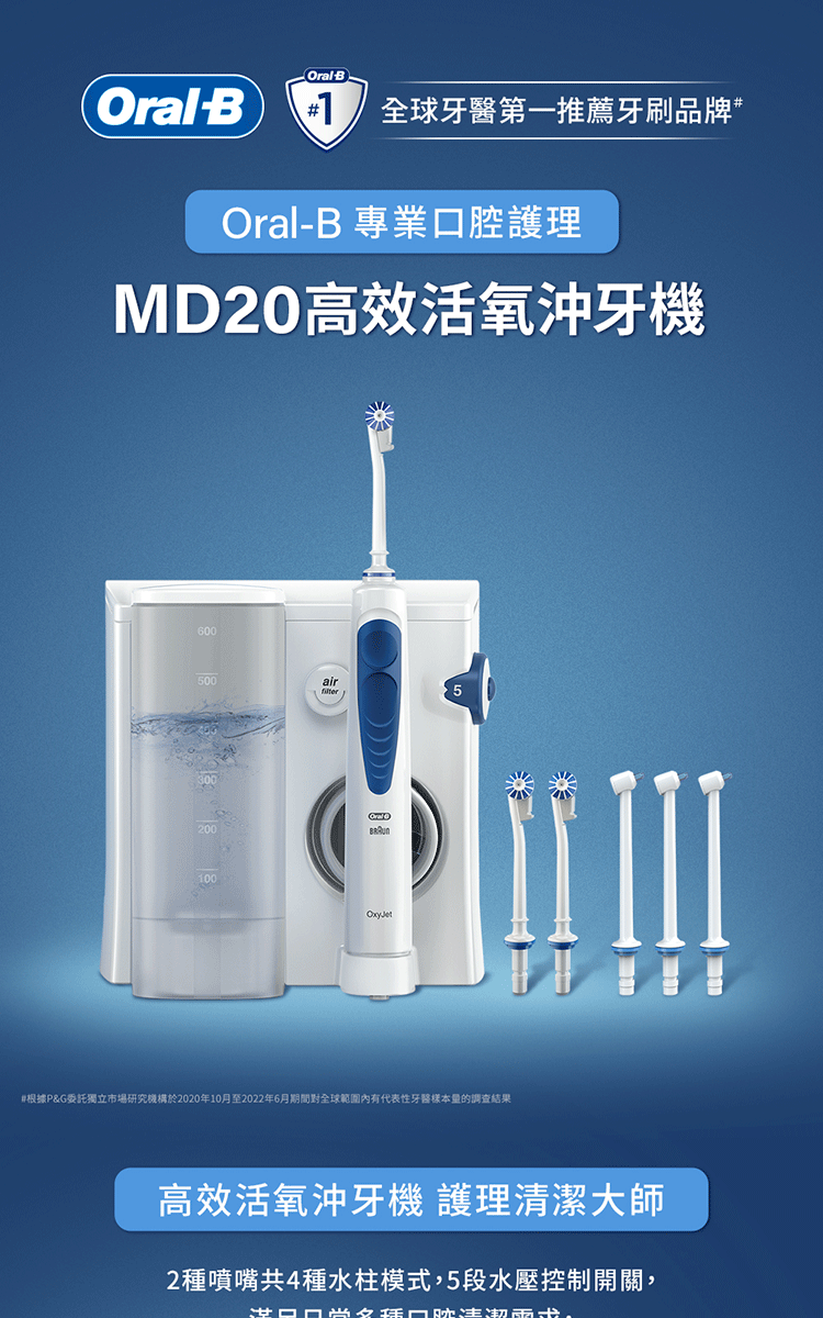 BOralB全球牙醫第一推薦牙刷品牌Oral-B 專業口腔護理MD20高效活氧沖牙機600500air5Oral#根據P&G委託獨立市場研究機構於2020年10月至2022年6月期間對全球範圍有代表性牙醫樣本量的調查結果高效活氧沖牙機 護理清潔大師2種噴嘴共4種水柱模式,5段水壓控制開關,