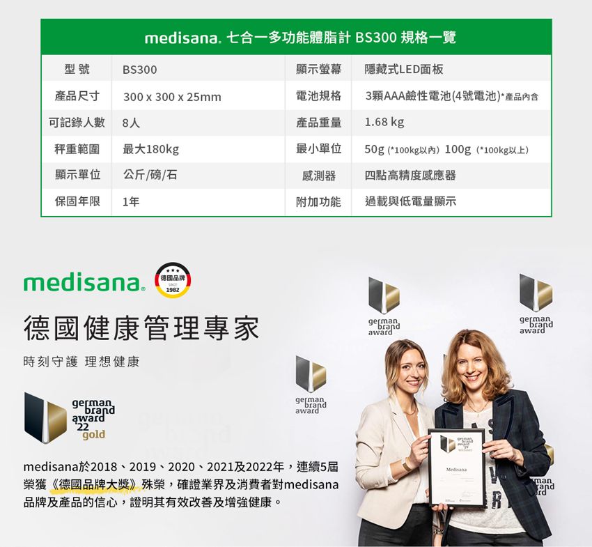 medisana 七合一多功能體脂計BS300 規格一覽型號BS300顯示螢幕隱藏式LED面板產品尺寸300300 x 25mm電池規格3顆AAA鹼性電池(4號電池)*產品內含可記錄人數 8人產品重量168 kg秤重範圍最大180kg最小單位50g (*100kg以內)100g (*100kg以上)顯示單位公斤/磅/石感測器四點高精度感應器保固年限1年附加功能過載與低電量顯示medisana.德國品牌1982德國健康管理專家時刻守護理想健康germanbraward22goldgerman.brandawardmedisana於2018、2019、2020、2021及2022年,連續5屆榮獲《德國品牌大獎》殊榮,確證業界及消費者對medisana品牌及產品的信心,證明其有效改善及增強健康。german.brandgermanbrandawardawardmanandRrd