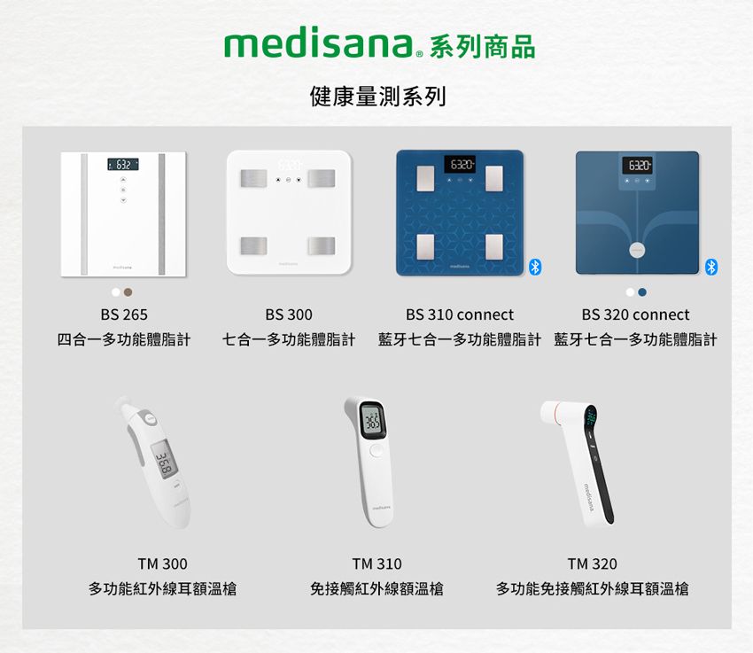 632medisana. 系列商品健康量測系列6320-6320BS 265BS 300BS 310 connectBS 320 connect四合一多功能體脂計 七合一多功能體脂計 藍牙七合一多功能體脂計 藍牙七合一多功能體脂計368TM 300TM 310TM 320多功能紅外線耳額溫槍免接觸紅外線額溫槍多功能免接觸紅外線耳額溫槍