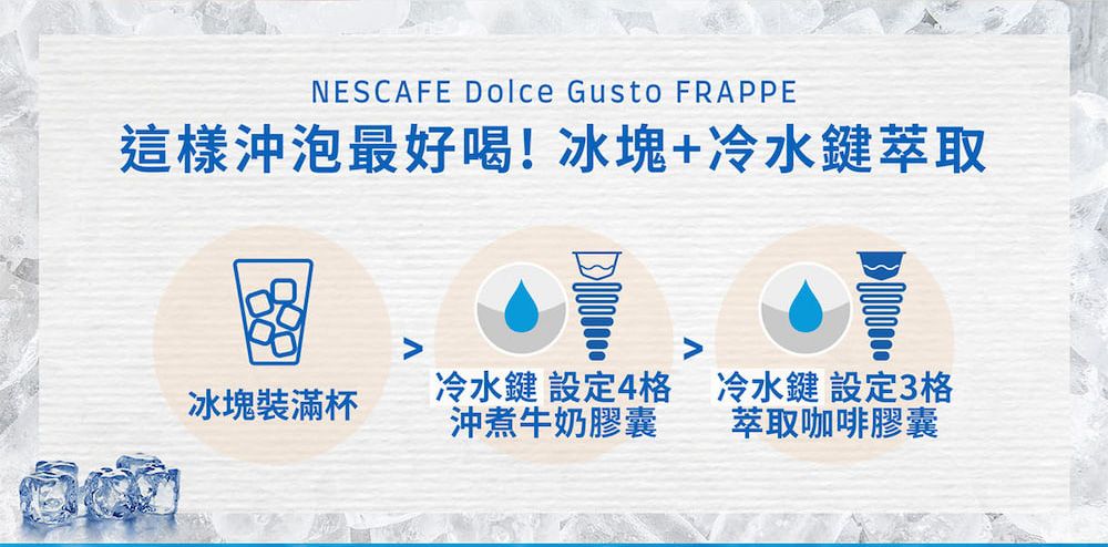 NESCAFE Dolce Gusto FRAPPE這樣沖泡最好喝!冰塊+冷水鍵萃取冰塊裝滿杯冷水鍵 設定4格沖煮牛奶膠囊冷水鍵 設定3格萃取咖啡膠囊