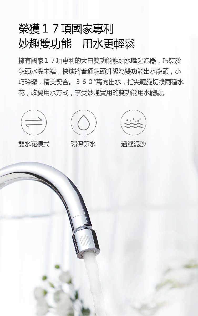 榮獲17項國家專利妙趣雙功能 用水更輕鬆擁有國家17項專利的大白雙功能龍頭水嘴起泡器巧裝於龍頭水嘴末端,快速將普通龍頭升級為雙功能出水龍頭,小巧玲瓏,精美契合。360°萬向出水,指尖輕旋切換兩種水花,改變用水方式,享受妙趣實用的雙功能用水體驗。雙水花模式環保節水過濾泥沙