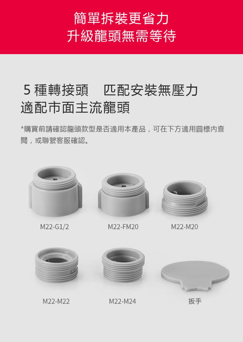 簡單拆裝更省力升級龍頭無需等待5種轉接頭 匹配安裝無壓力適配市面主流龍頭*購買前請確認龍頭款型是否適用本產品,可在下方適用圖標查閱,或聯繫客服確認。M22-G1/2M22-FM20M22-M20M22-M22M22-M24扳手