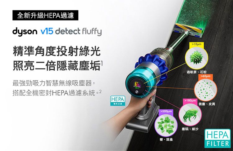 全新升級HEPA過濾dyson v15 detect fluffy精準角度投射綠光照亮二倍隱藏垢最強勁吸力智慧無線吸塵器,搭配全機密封HEPA過濾系統。2HEPA500um過敏原花粉|、皮屑糖、跳蚤塵、細沙HEPAFILTER