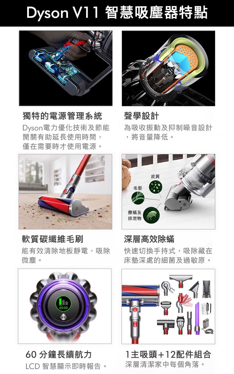 Dyson  智慧吸塵器特點獨特的電源管理系統Dyson電力優化技術及節能開關有助延長使用時間,僅在需要時才使用電源。軟質碳纖維毛刷聲學設計為吸收振動及抑制噪音設計將音量降低。毛髮塵蟎及排泄物皮屑深層高效除蟎能有效清除地板靜電,吸除微塵。快速切換手持式,吸除藏在床墊深處的細菌及過敏原。60.0060分鐘長續航力LCD 智慧顯示即時報告。1主吸頭+12配件組合深層清潔家中每個角落。