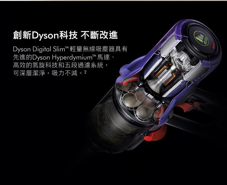 創新Dyson科技 不斷改進Dyson Digital Slim™輕量無線吸塵器具有先進的Dyson Hyperdymium™馬達、高效的氣旋科技和五段過濾系統,可深層潔淨,吸力不減。240:00