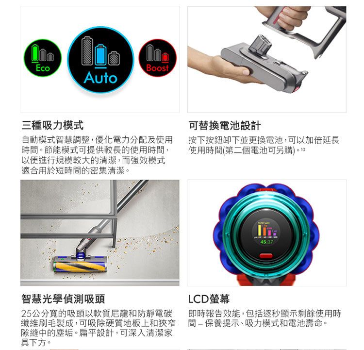 EcoBoostAuto三種吸力模式自動模式智慧調整,優化電力分配及使用時間。節能模式可提供較長的使用時間,以便進行規模較大的清潔,而強效模式適合用於短時間的密集清潔。可替換電池設計按下按鈕卸下並更換電池,可以加倍延長使用時間(第二個電池可另購智慧光學偵測吸頭25公分的吸頭以軟質尼龍和防靜電碳纖維刷毛製成,可吸除硬質地板上和狹窄隙縫中的塵垢。扁平設計,可深入清潔家具下方。LCD螢幕即時報告效能,包括逐秒顯示剩餘使用時間保養提示、吸力模式和電池壽命。