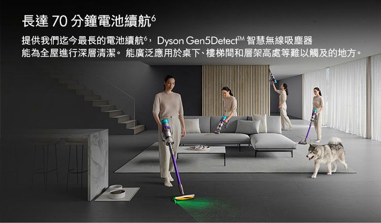 長達70分鐘電池續航提供我們迄今最長的電池續航,Dyson Gen5DetecfM 智慧無線吸塵器能為全屋進行深層清潔能廣泛應用於桌下、樓梯間和層架高處等難以觸及的地方。