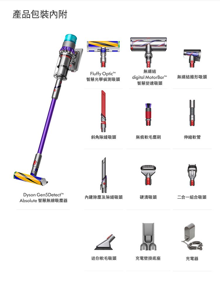 產品包裝無纏結Fluffy Optic智慧光學偵測吸digital MotorBar智慧變速吸頭無纏結錐形吸頭斜角隙縫吸頭無痕伸縮軟管Dyson Gen5Detecti除塵及隙縫吸頭硬吸頭二合一組合吸頭Absolute 智慧無線吸塵器迷你軟毛吸頭充電壁掛底座充電器