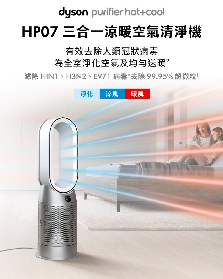 dyson purifier hot+cool 三合一涼暖空氣清淨機有效去除人類冠狀病毒為全室淨化空氣及均勻送暖?濾除 HIN1、H3N2、EV71 病毒*去除99.95% 超微粒淨化涼風 暖風