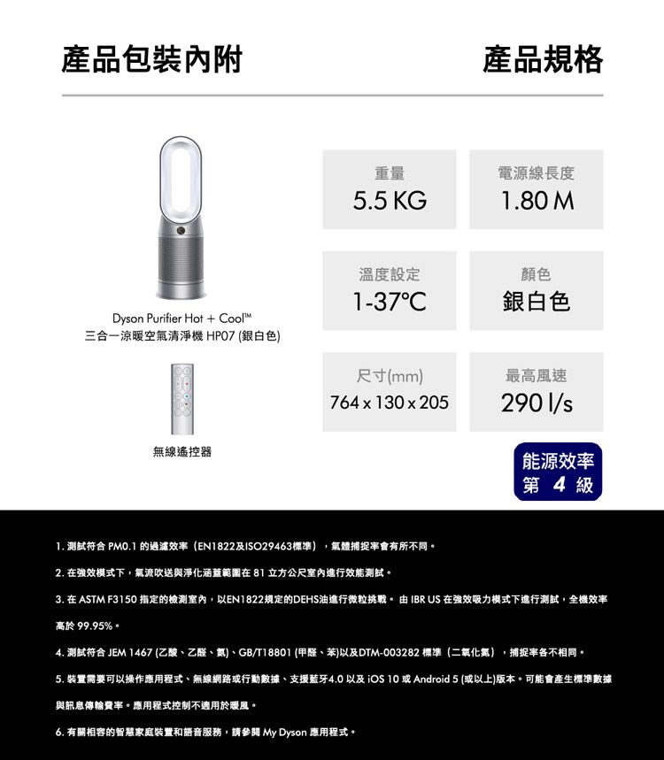 產品包裝內附產品規格重量電源線長度5.5 KG80 M溫度設定1-37顏色銀白色Dyon Purifier Hot + Cool三合一涼暖空氣清淨機(銀白色尺寸(mm最高風速764x130x2052901/s無線遙控器能源效第4級1. 符合  的過濾(EN1822ISO29463標準),氣體捕捉會有所不同。2. 在強效模式下,氣流吹送與淨化涵蓋範圍在81 立方公尺室內進行效能測試。3. 在 ASTM F3150 指定的檢測室內,以EN1822規定的DEHS油進行微粒挑戰。 由 IBR US 在強效吸力模式下進行測試,全機效率高於 99.95%。4. 符合 JEM 1467 (乙酸、乙醛、)、GB/T18801 (甲醛、苯)以及DTM-003282 標準(二氧化氮),捕捉率各不相同。5. 需要可以操作應用程式、無線網路或行動數據、支援藍牙4.0以及iOS 10 或 Android 5(或以上)版本。可能會產生標準數據與訊息傳輸費率。應用程式控制不適用於暖風。6. 有關相容的智慧家庭裝置和語音服務,請參閱 My Dyson 應用程式。