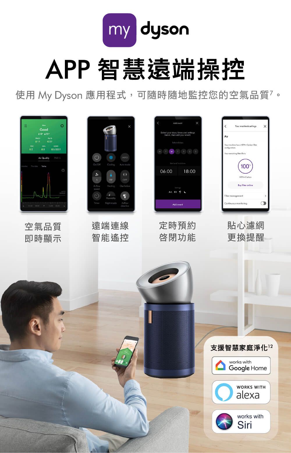 my dysonPP 智慧遠端操控使用 My Dyson 應用程式可隨時隨地監控您的空氣品質Good Air Qulity  setingsSelect  days, times  below, then  your Air  and  06:0018:00OFFA Humidity modeAdd eventYour   a   100HEPA+  online  空氣品質遠端連線定時預約貼心濾網即時顯示智能遙控啟閉功能更換提醒支援智慧家庭淨化works withGoogle HomeWORKS WITHalexaworks withSiri