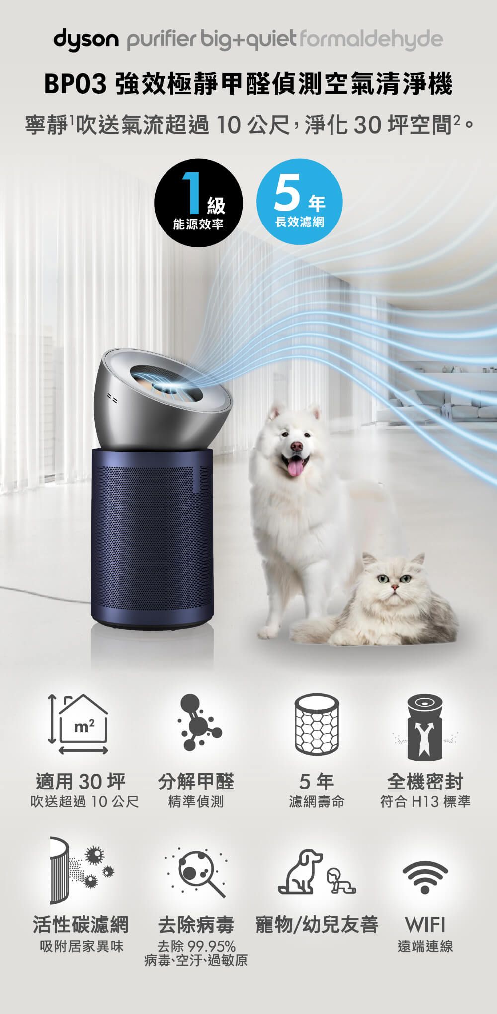 dyson purifier big+quiet formaldehydeBPO3 強效極靜甲醛偵測空氣清淨機寧靜吹送氣流超過10公尺,淨化30坪空間1 5年能源效率長效濾網==適用 30坪分解甲醛5年吹送超過10公尺精準偵測濾網壽命全機密封符合 H13 標準活性碳濾網去除病毒 寵物/幼兒 WIFI吸附居家異味去除 99.95%遠端連線病毒、空汙、過敏原