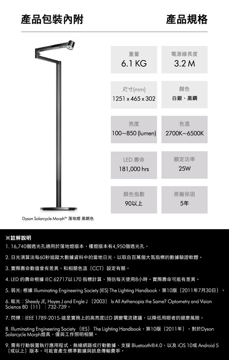 產品包裝Dyson Solarcycle Morph 落地燈 黑鋼色重量6.1 KG尺寸(mm)1251x465x302產品規格電源線長度3.2 M颜色白銀、黑鋼亮度0-850 (lumen)色溫2700K-6500KLED 壽命181000 hrs額定功率25W顏色指數原廠保固90以上5年※註解說明 16,740個透光孔適用於落地燈版本,檯燈版本有4,950個透光孔2.日光演算法每60秒追蹤大數據資料中的當地日光,以取自百萬個大氣指標的數據驗證軟體。3. 實際壽命數值會有差異,和相關色溫(CCT)設定有關。4. LED 的壽命根據IEC62717以L70 指標計算,預估每天使用8小時。實際壽命可能有差異。5. 弱光 根據 Illuminating Engineering Society (IES) The Lighting Handbook,第10版(2011年7月30日)6. 眩光:Sheedy E, Hayes J and Engle J (2003) Is All Asthenopia the Same? Optometry and VisionScience 80(11):732-739。7. 閃爍:IEEE 1789-2015-這是實務上的高亮度LED 調變電流建議,以降低用眼者的健康風險。8. Illuminating Engineering Society (IES) The Lighting Handbook,第10版(2011年)。對於DysonSolarcycle Morph燈具,僅與工作照明相關。9. 需有行動裝置執行應用程式、無線網路或行動數據、支援 Bluetooth®4.0,以及iOS 10或Android 5(或以上)版本。可能會產生標準數據與訊息傳輸費率。。