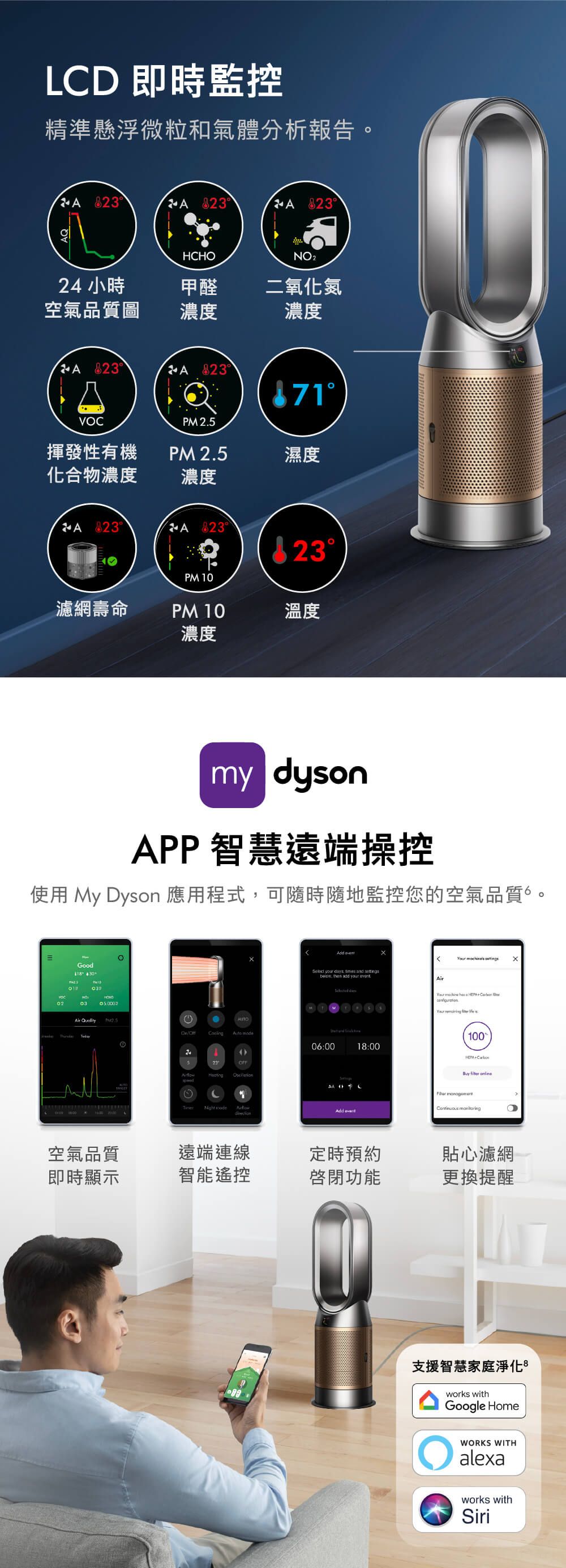 LD 即時監控精準懸浮微粒和氣體分析報告  ° °HCHONO24 小時甲醛二氧化氮空氣品質圖濃度濃度 ° °PM 2.5揮發性有機化合物濃度PM 2.5濕度濃度 ° °APM 23°濾網壽命PM 10溫度濃度my dysonAPP 智慧遠端操控使用 My Dyson 應用程式可隨時隨地監控您的空氣品質。Good 300203Add    your  times nd ,  add your  Air  AUTO   06:002023  C1 Add event1:00   a HEPA Your   100HEPA+    空氣品質遠端連線定時預約貼心濾網即時顯示智能遙控啟閉功能更換提醒支援智慧家庭淨化8works withGoogle HomeWORKS WITHalexaworks withSiri