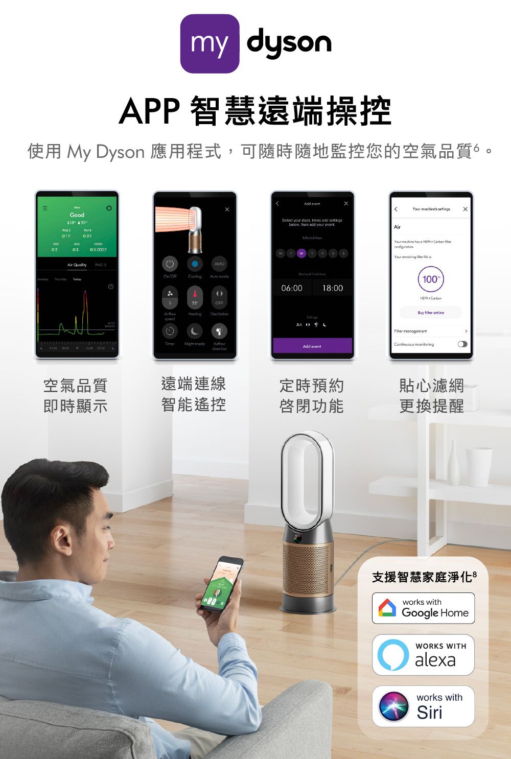 my dysonAPP 智慧遠端操控使用 My Dyson 應用程式可隨時隨地監控您的空氣品質。Good8 30  your    , then dd your  daysNO03Air Quality1AUTO and  mode18:00speed  Timer mode 06:00  directionAdd  's Your machine  a HEPA  Your    100HEPA    空氣品質遠端連線定時預約貼心濾網即時顯示智能遙控啟閉功能更換提醒支援智慧家庭淨化works withGoogle HomeWORKS WITHalexaworks withSiri