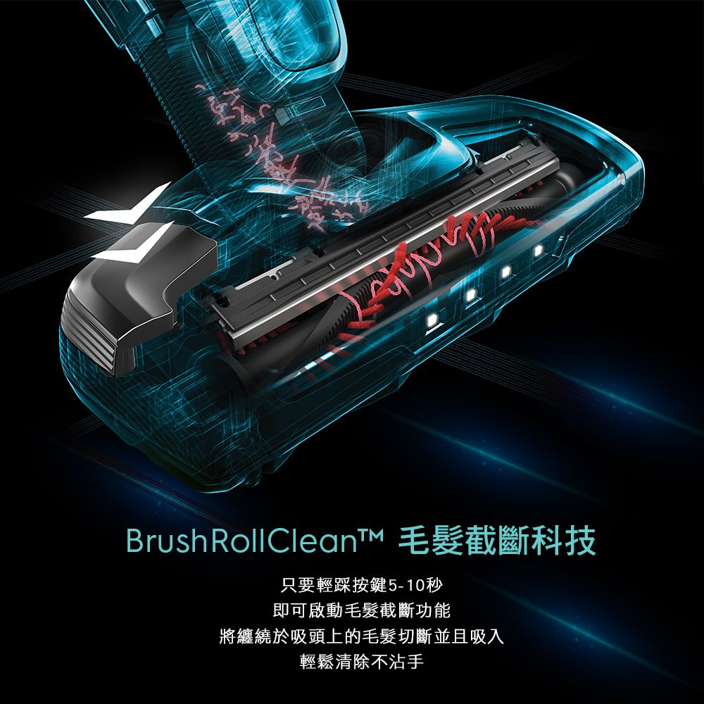 BrushRollClean 毛髮截斷科技只要輕按鍵5-10秒即可啟動毛髮截斷功能將纏繞於吸頭上的毛髮切斷並且吸入輕鬆清除不沾手