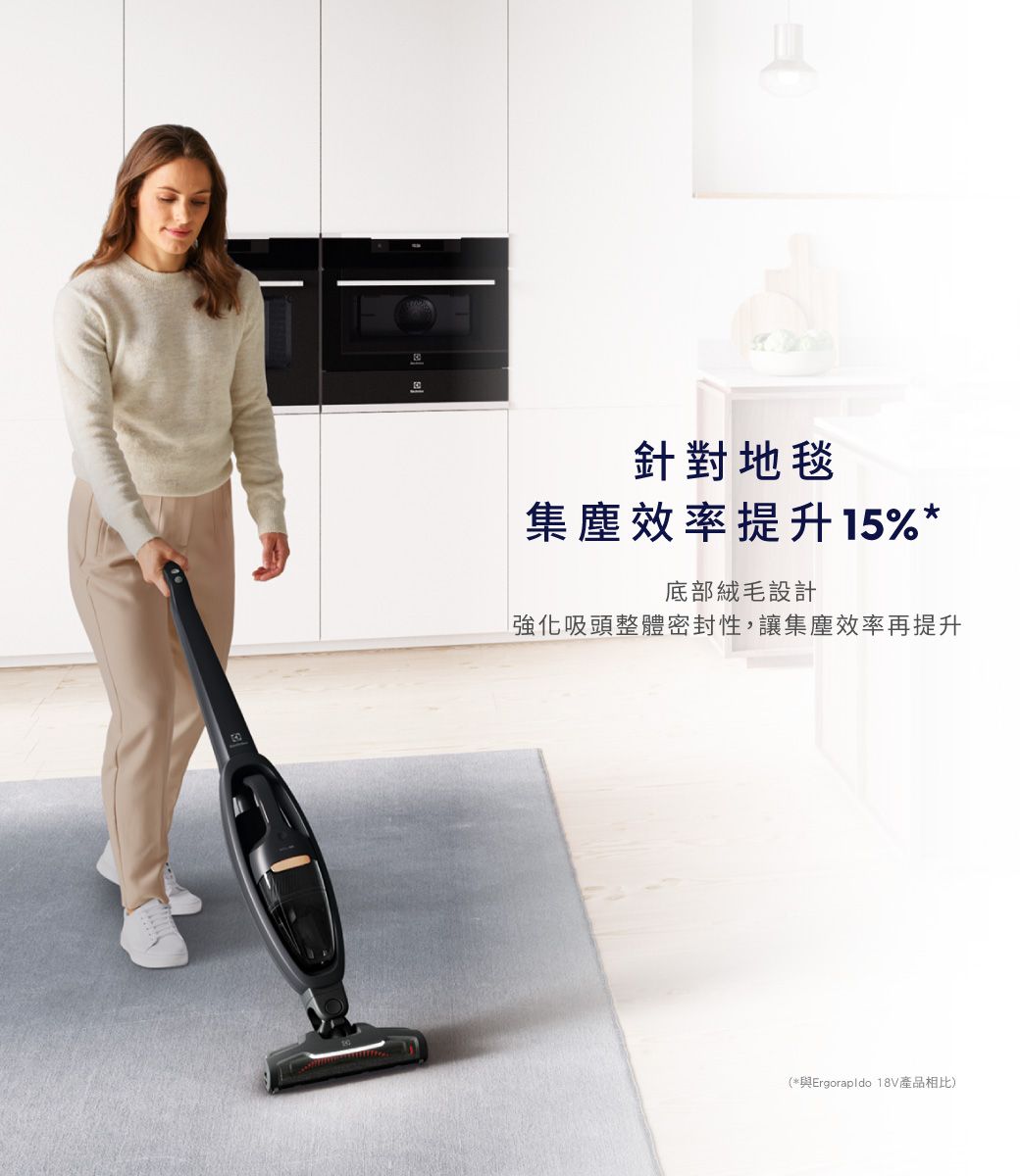 針對地毯集塵效率提升15%*底部絨毛設計強化吸頭整體密封性,讓集塵效率再提升(*與Ergorapldo 18V產品相比)