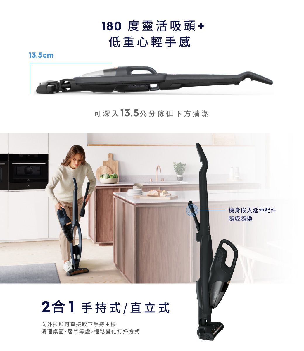 13.5cm180度靈活吸頭低重心輕手感可深入13.5公分傢俱下方清潔2合1手持式/直立式向外拉即可直接取下手持主機清理桌面、層架等處,輕鬆變化打掃方式機身嵌入延伸配件隨吸隨換