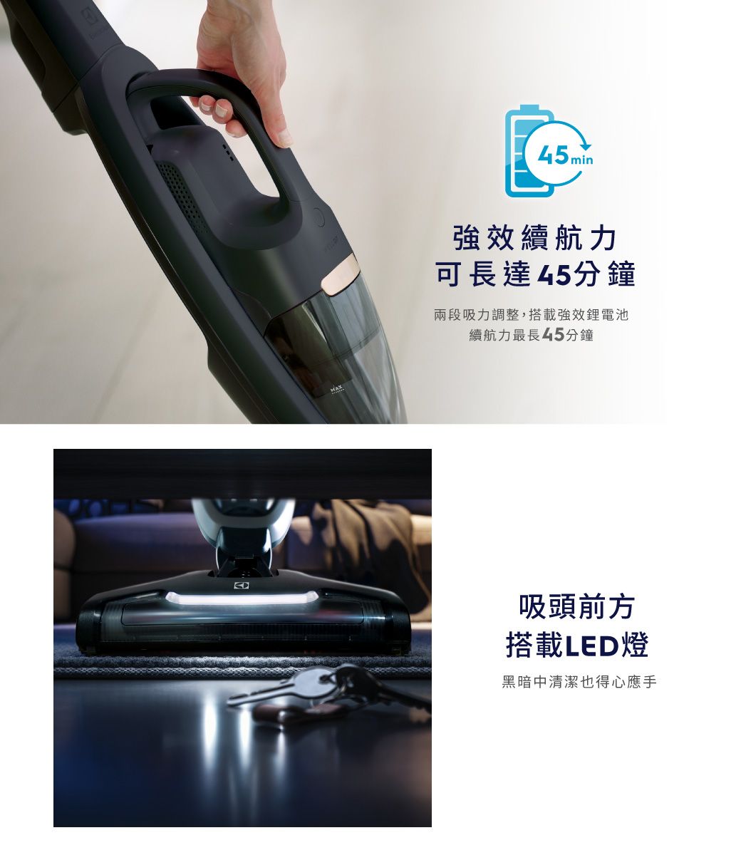 45min強效續航力可長達45分鐘兩段吸力調整,搭載強效鋰電池續航力最長45分鐘吸頭前方搭載LED燈黑暗中清潔也得心應手