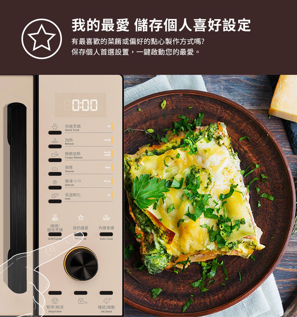 我的最愛 儲存個人喜好設定有最喜歡的菜餚或偏好的點心製作方式嗎?保存個人首選設置,一鍵啟動您的最愛。快速Quick CookReheat酥脆加熱M-Crispy Reheat燉煮SimmerMed解凍M-DefrostLoAUTO燒烤/組合烹調我的最愛內建食譜Grill/Auto Cook暫停/取消Stop/Clear確認/啟動OK/Start