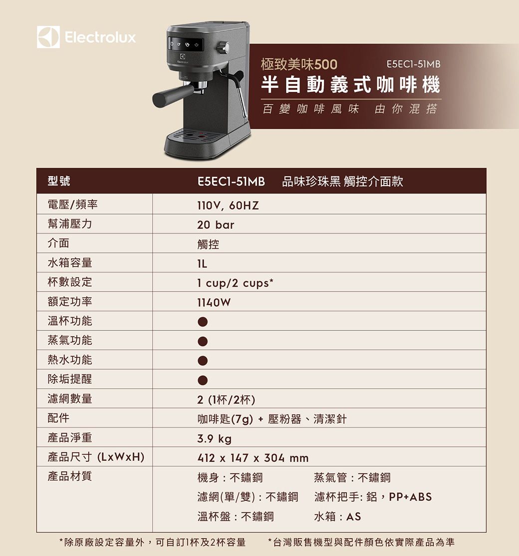 Electrolu 極致美味500型號E5EC-5MB半自動義式咖啡機百變咖啡風味由你混搭E5EC-51MB110V, 60HZ品味珍珠黑 觸控介面款電壓/頻率幫浦壓力觸控20 bar介面水箱容量杯數設定額定功率溫杯功能蒸氣功能熱水功能除垢提醒1 cup/2 cups*1140W濾網數量配件2(1杯/2杯)咖啡匙(7g) + 壓粉器、清潔針產品淨重3.9 kg產品尺寸(LWxH)412 x 147 x 304 mm產品材質機身:不鏽鋼蒸氣管:不鏽鋼濾網(單/雙):不鏽鋼溫杯盤:不鏽鋼濾杯把手:鋁,PP+ABS水箱:AS*除原廠設定容量外,可自訂1杯及2杯容量 *台灣販售機型與配件顏色依實際產品為準
