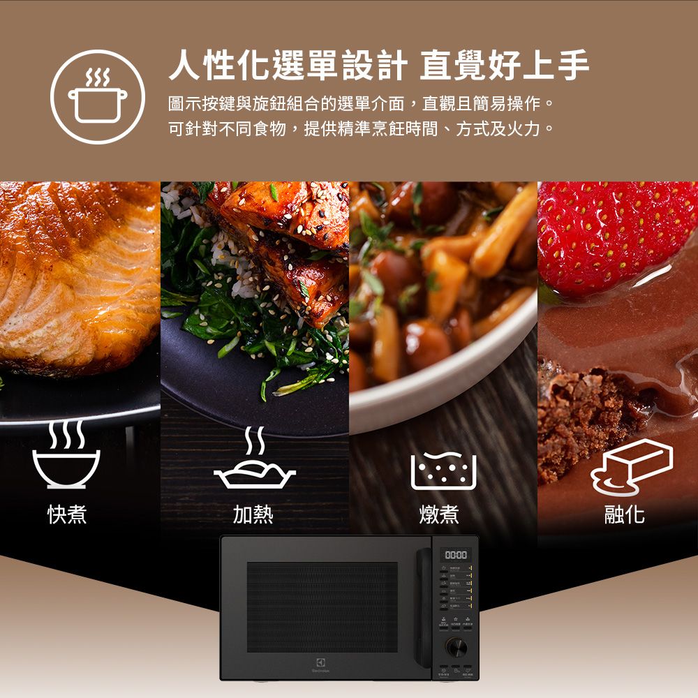 人性化選單設計 直覺好上手圖示按鍵與旋鈕組合的選單介面,直觀且簡易操作。可針對不同食物,提供精準烹飪時間、方式及火力。快煮加熱燉煮融化