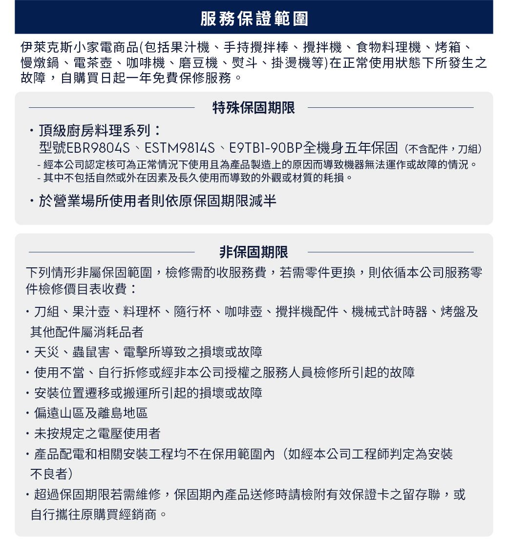 服務保證範圍伊萊克斯小家電商品(包括果汁機手持棒、攪拌機、食物料理機、烤箱、慢燉鍋、電茶壺、咖啡機、磨豆機、熨斗、掛燙機等)在正常使用狀態下所發生之故障自購買日起一年免費保修服務。頂級廚房料理系列:特殊保固期限型號EBR9804S、ESTM9814S、E9TB190BP全機身五年保固(不含配件,刀組)- 經本公司認定核可為正常情況下使用且為產品製造上的原因而導致機器無法運作或故障的情況。- 其中不包括自然或外在因素及長久使用而導致的外觀或材質的耗損。於營業場所使用者則依原保固期限減半非保固期限下列情形非屬保固範圍,檢修需酌收服務費,若需零件更換,則依循本公司服務零件檢修價目表收費:刀組、果汁壺、料理杯、隨行杯、咖啡壺、攪拌機配件、機械式計時器、烤盤及其他配件屬消耗品者天災、蟲鼠害、電擊所導致之損壞或故障,使用不當、自行拆修或經非本公司授權之服務人員檢修所引起的故障安裝位置遷移或搬運所引起的損壞或故障偏遠山區及離島地區未按規定之電壓使用者產品配電和相關安裝工程均不在保用範圍內(如經本公司工程師判定為安裝不良者)超過保固期限若需維修,保固期內產品送修時請檢附有效保證卡之留存聯,或自行攜往原購買經銷商。